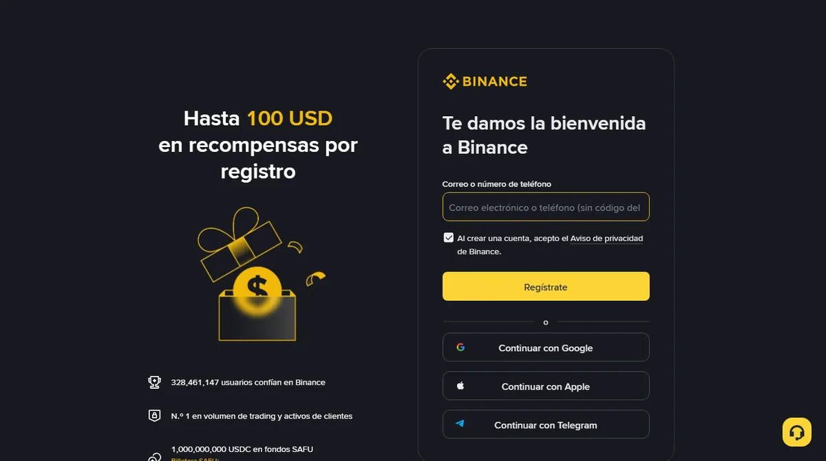 Pantalla de registro de Binance en español, con el campo de correo o teléfono y el botón de registro