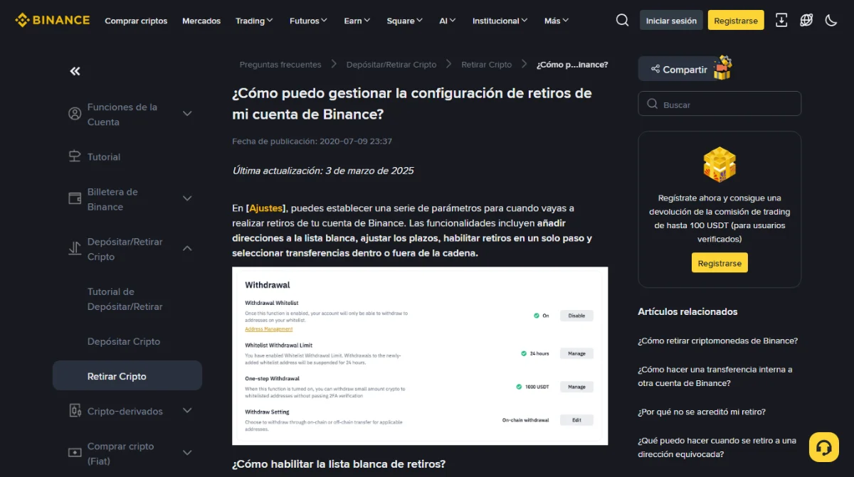 Página del centro de ayuda de Binance en español sobre la configuración de retiros, con la fecha de última actualización y una imagen del panel de ajustes de retiro