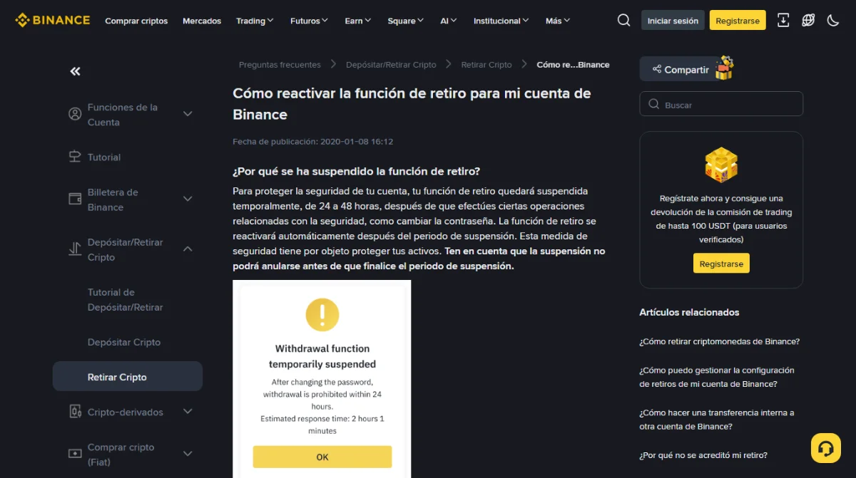 Artículo del centro de ayuda de Binance en español titulado Cómo reactivar la función de retiro, con el párrafo que indica la suspensión de 24 a 48 horas y una captura del aviso dentro de la app